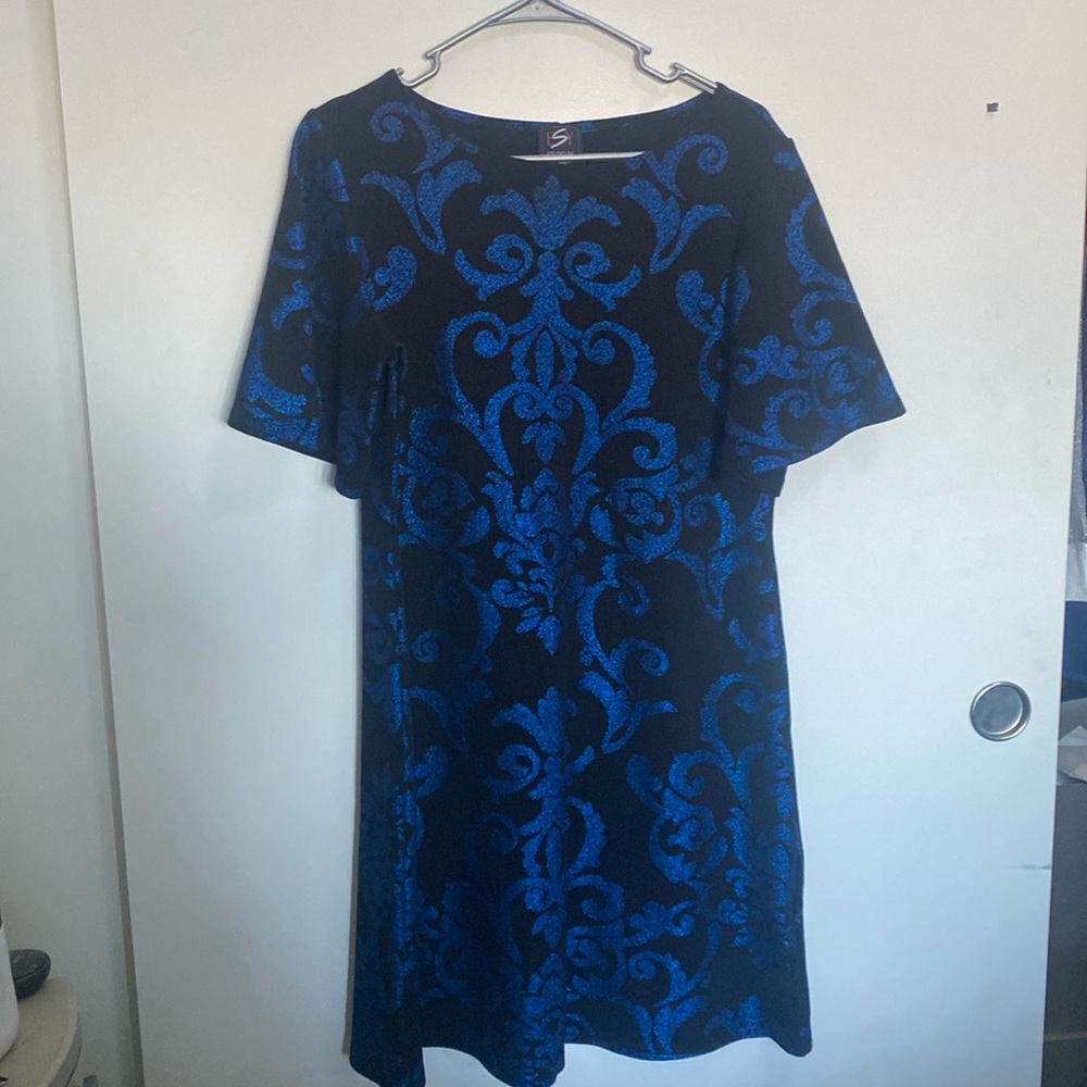 Blue and Black Damask Print Dress
